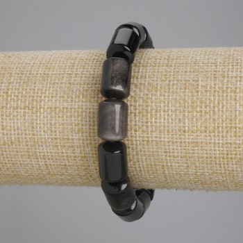 Bracelet Silver-Toned Obsidian Cylinder, 14×10mm+-, length 18cm+- stretch