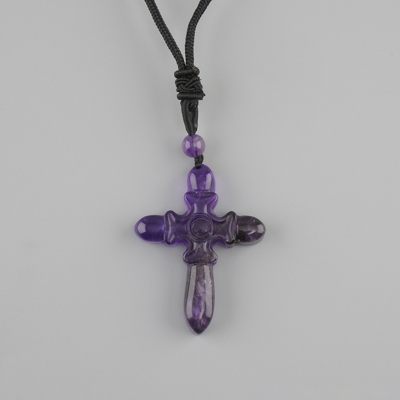 Pendant Cross Amethyst, diameter 47x36mm ± on a black cord with drawstring closure, length 78cm +