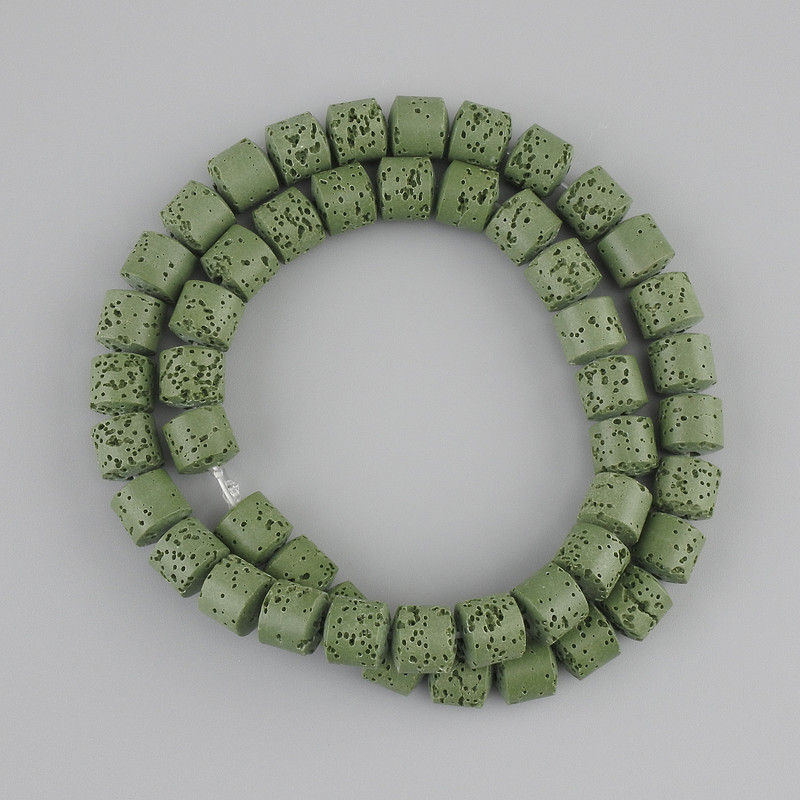 Green Lava Volcanic Stone Beads cylinder, diameter 8×8mm± on a string, length 38cm+