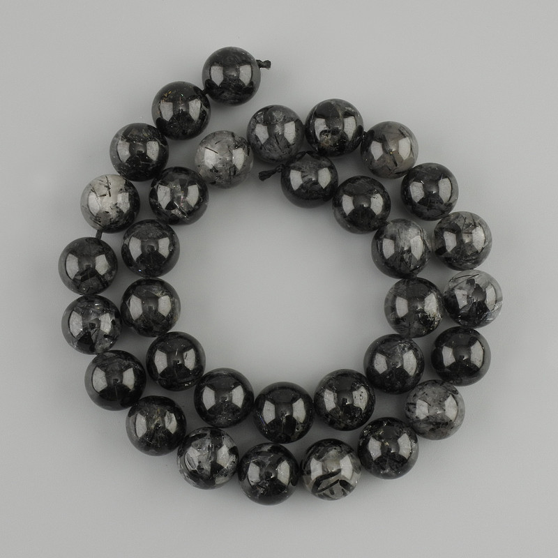 Natural stone beads Rutilated quartz with inclusions of Schorl tourmaline, smooth round bead, diameter 12mm +/-, length 38cm +/-, on a thread