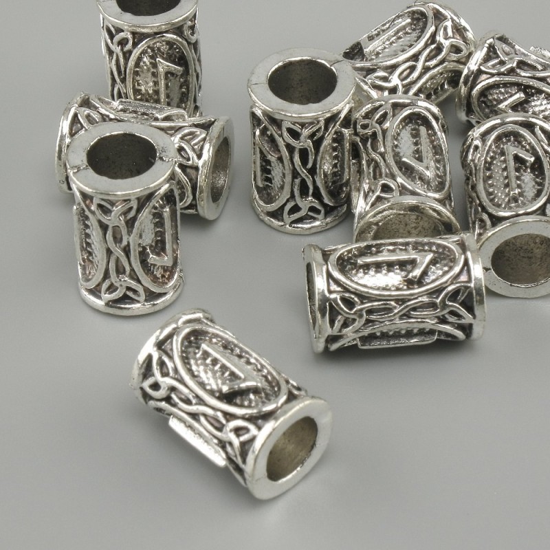Bead fitting Scandinavian rune, diameter 13×9mm ±, hole, diameter 6mm, silvery metal color, packaged 10 pcs