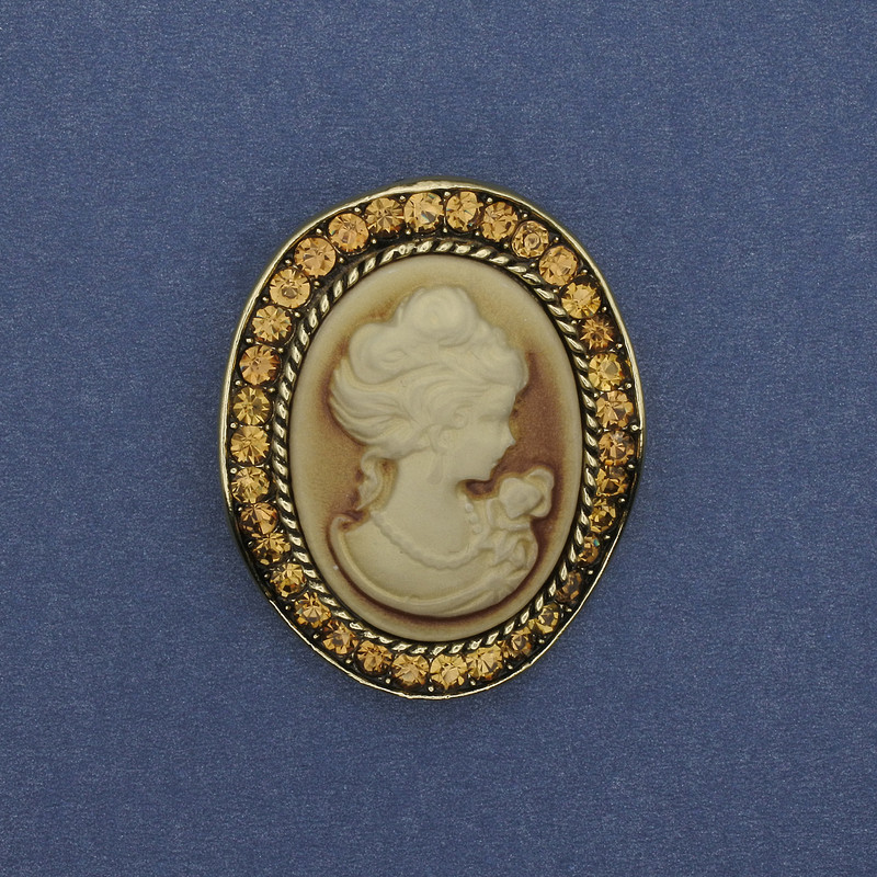 Cameo pendant brooch "Lady" with rhinestones, gold-colored metal 43x38 mm +