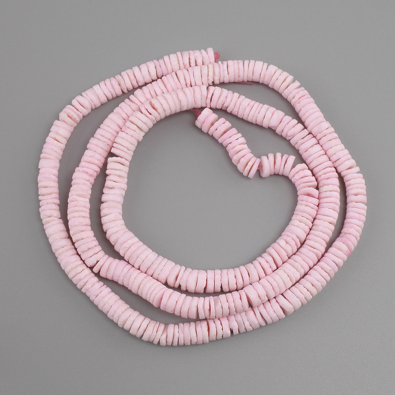 Unprocessed Scallop shell beads (Scapharca) rondelle, diameter 6x1.5–2 mm, length 64 cm ± on a thread