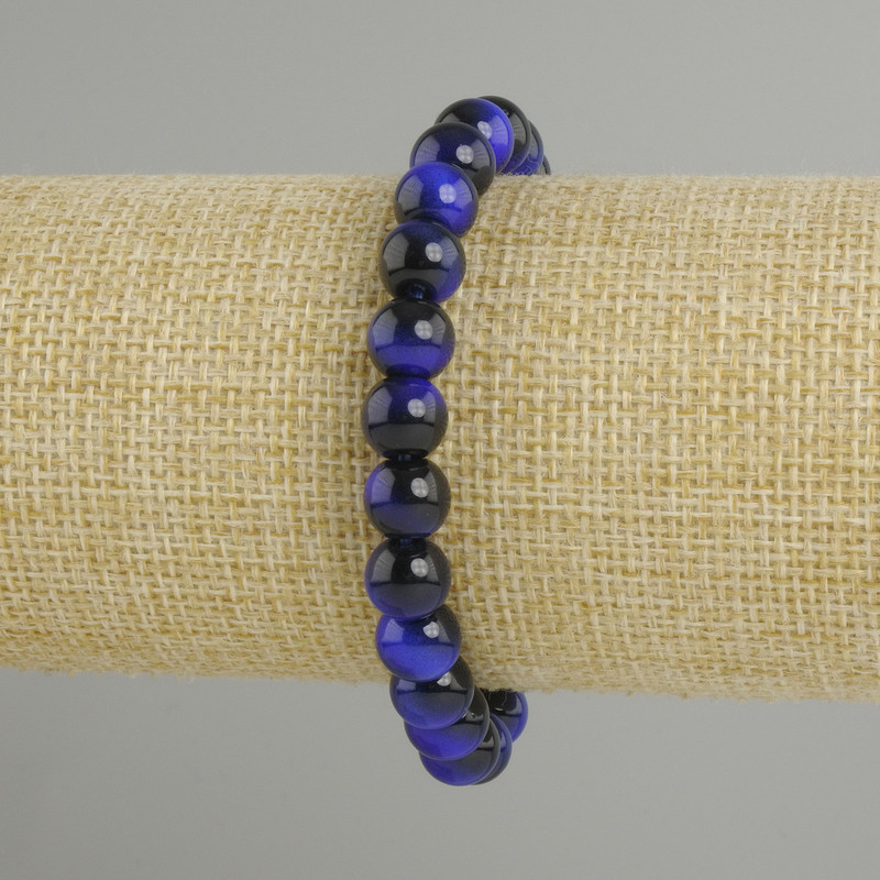 Bracelet blue Tiger's Eye smooth round bead, diameter 8mm ±, length 18cm ± stretch