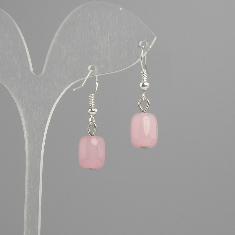 Earrings Pink Quartz barrel 11×9mm ±, length 30mm ± silver-toned metal