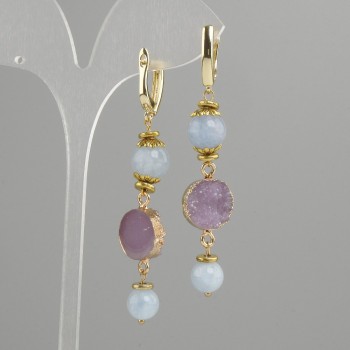 Earrings Aquamarine smooth bead, diameter 8mm+- 10mm+- Druze, diameter 14mm, length 68mm