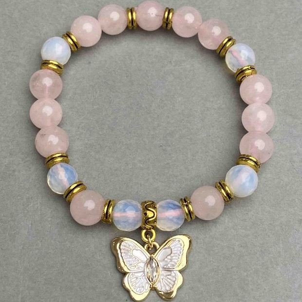Bracelet Pink Quartz Bead 8mm± Moonstone Faceted Bead 8mm± with a Pendant, length 18cm± stretch