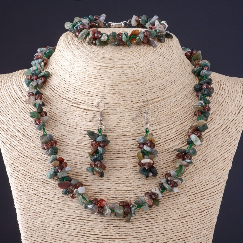 Trio Set: Assorted Jasper Natural Stone Chip Necklace + Earrings + Bracelet