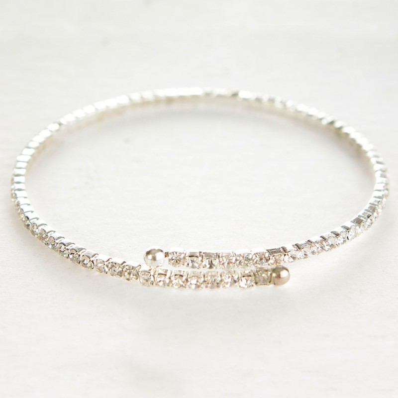 Thin Single-Coil Spiral Bracelet, Small White Rhinestones, 18-22 cm Circumference