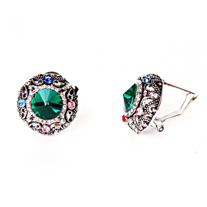 Earrings 2cm Rainbow Circle Rhinestones Green Crystal
