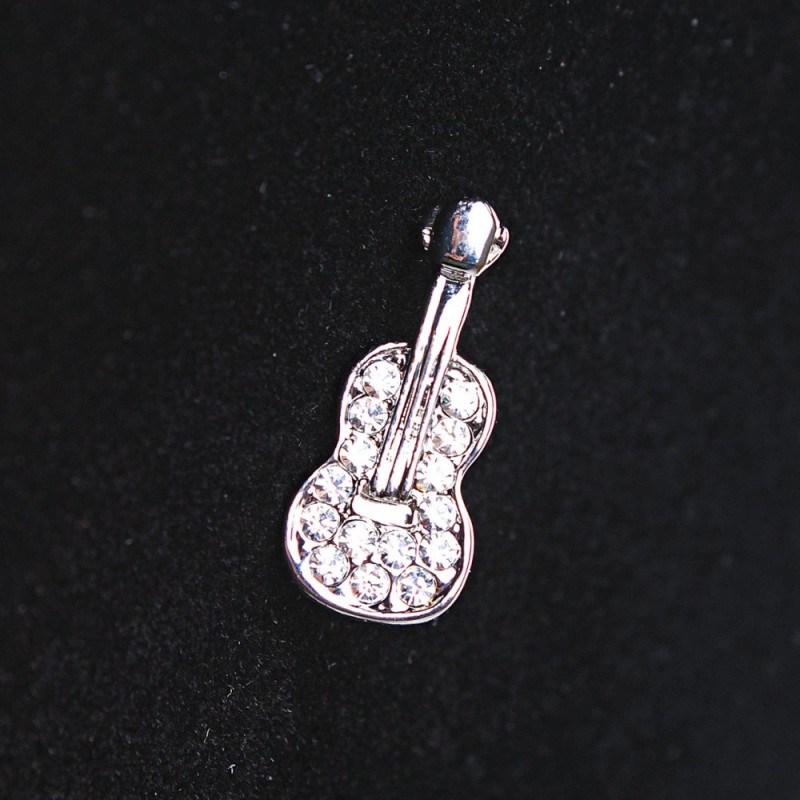 Small Guitar Brooch, Silver Metal with Rhinestones, 2.5cm