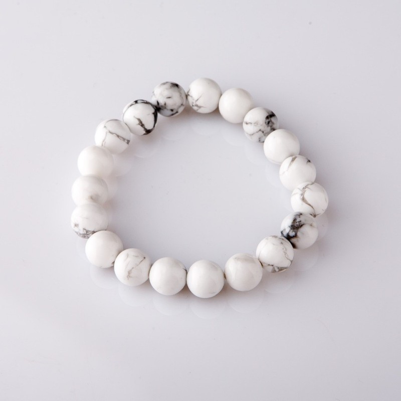 Cacholong Stone Bracelet on Elastic Band, Smooth Round Beads, diameter 10mm