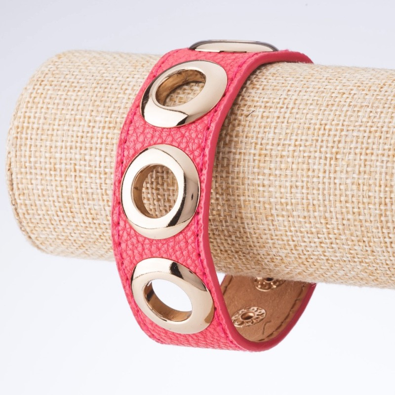 "Tin Tin" Bracelet, Studded Eco Leather with Snap Buttons, Pink, "Gold" Metal Color, 2.5cm width, 18-23cm length