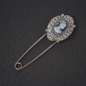 Brooch Pin Cameo Rhinestone Frame Metal Color "Silver" 8cm