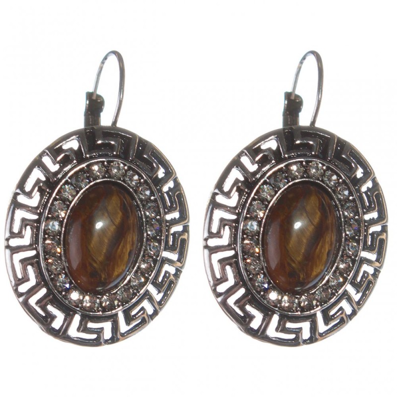 Clearance. Tiger Eye Earrings, "Greek" Setting with Rhinestones, Oval Stone 2.5x3cm, Length 3.9cm
