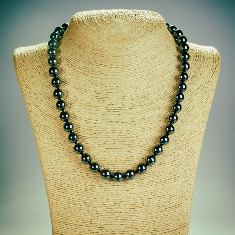 Necklace Natural Stone Hematite Smooth Ball, length 45cm, diameter 10mm