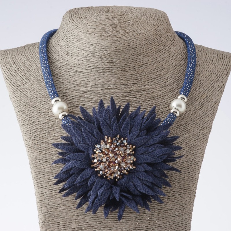 "Chrysanthemum" Cord Necklace, Fashion Textile, Blue, 48-55cm length