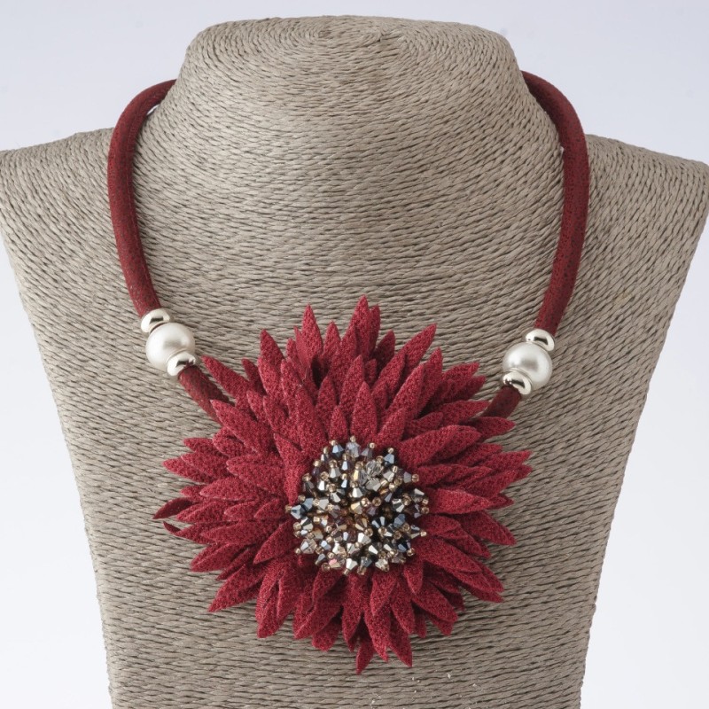 "Chrysanthemum" Cord Necklace, Fashion Textile, Burgundy, 48-55cm length