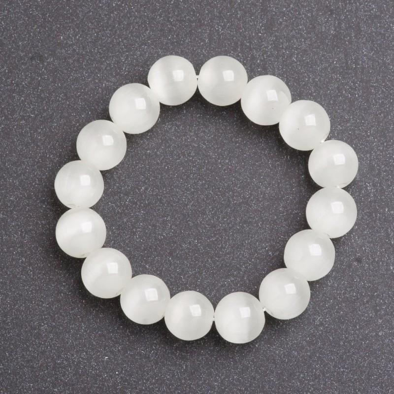 Women's White Cat's Eye Stone Bracelet, diameter 10mm on Elastic Band, length 18cm