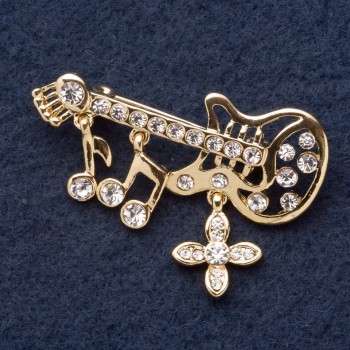 "Precious Guitar" Brooch with Charms, 5x2cm, rhinestones, yellow metal