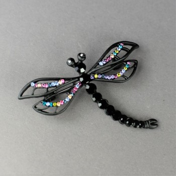 "Dragonfly Queen of the Night" Brooch, 5x6 cm, Black Metal, Colored Rhinestones