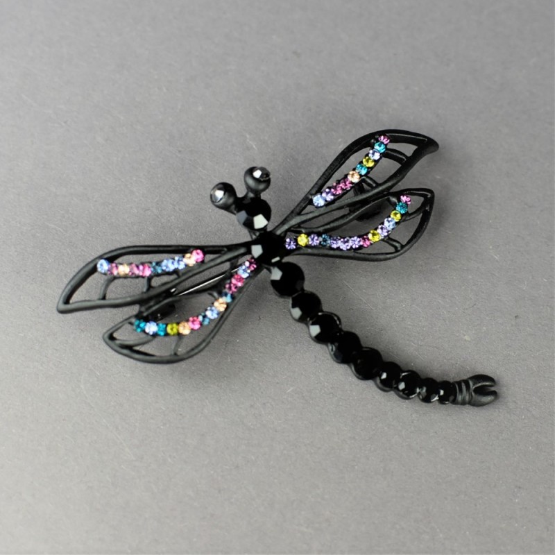 "Dragonfly Queen of the Night" Brooch, 5x6 cm, Black Metal, Colored Rhinestones