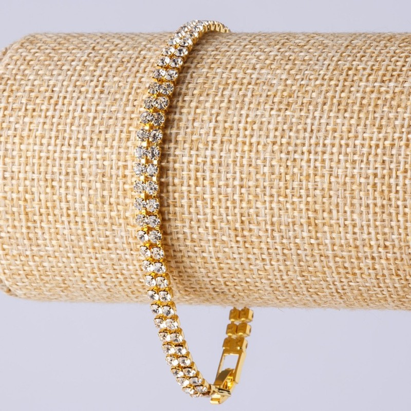 Two-Row Rhinestone Bracelet with Clasp, Gold-Tone Metal, Length 19 cm, Width 5mm
