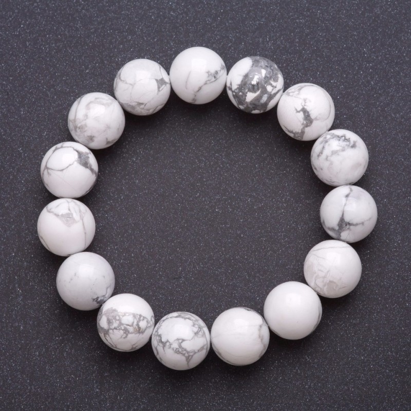 Natural Cacholong Stone Bracelet on Elastic Band, Smooth Round Beads, diameter 12mm, length 18cm