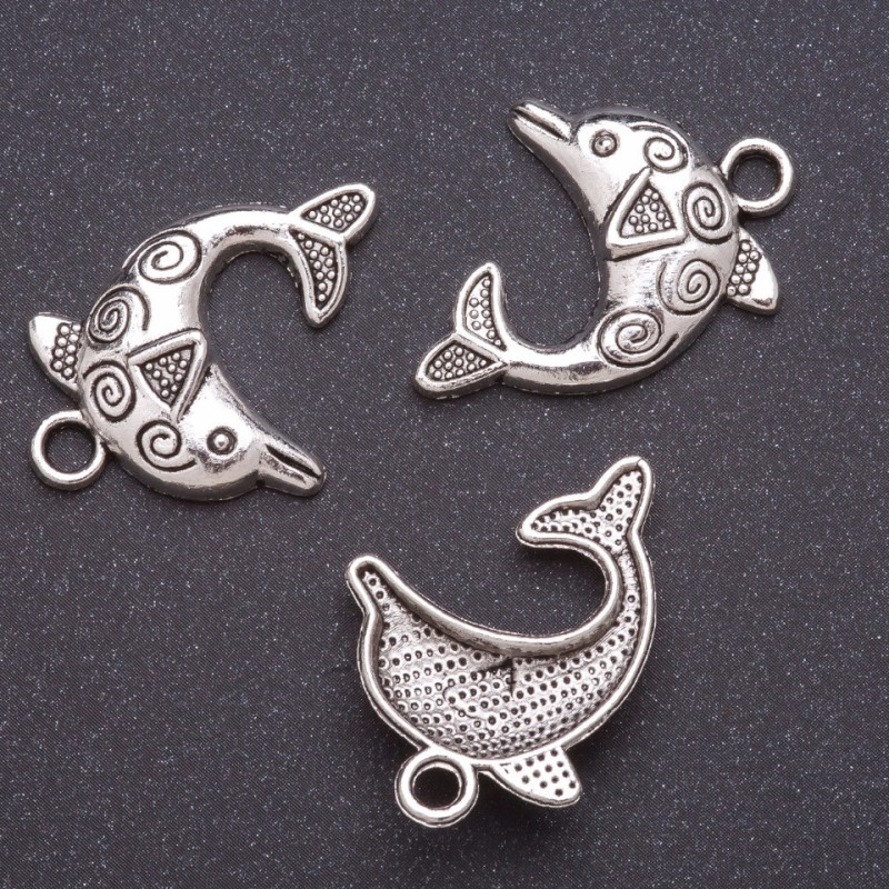 Dolphin Pendant Finding, Diameter 4mm, Length 31mm, Gray Metal, Pack 20g +/-8pcs