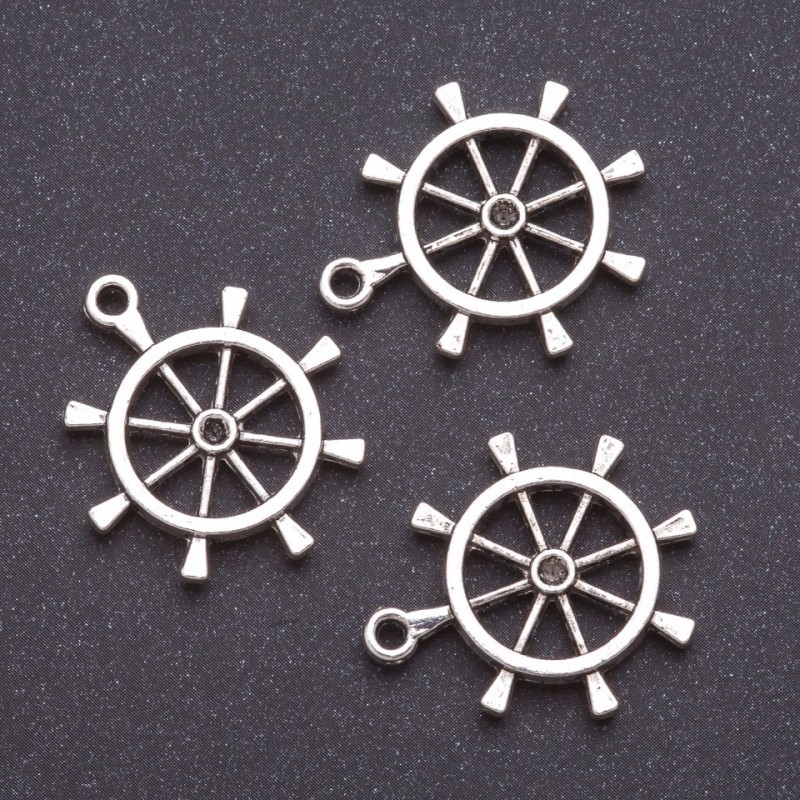 Ship's Wheel Pendant Finding, Width 4mm, Length 7mm, Gray Metal, Pack 20g +/-7pcs