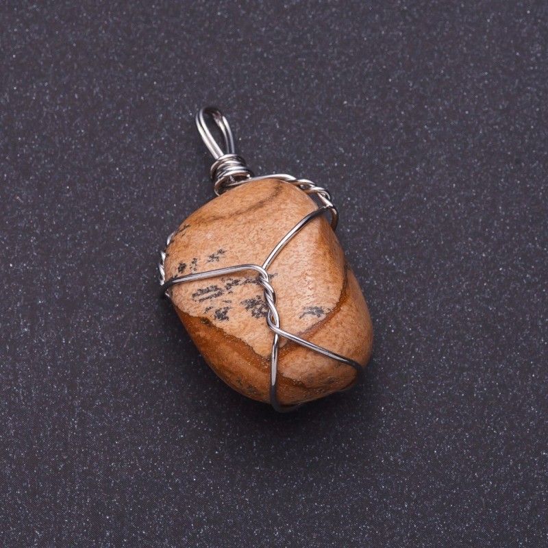 Pendant Natural Stone Landscape Jasper in Silver-Tone Wire Wrap 2.8x2cm (+-)