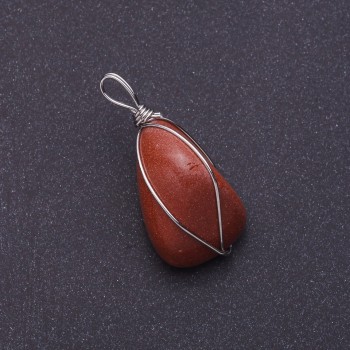 Aventurine "Golden Sand" Stone Pendant in Silver-Tone Wire Wrap, 2.6x2.1cm (+/-)