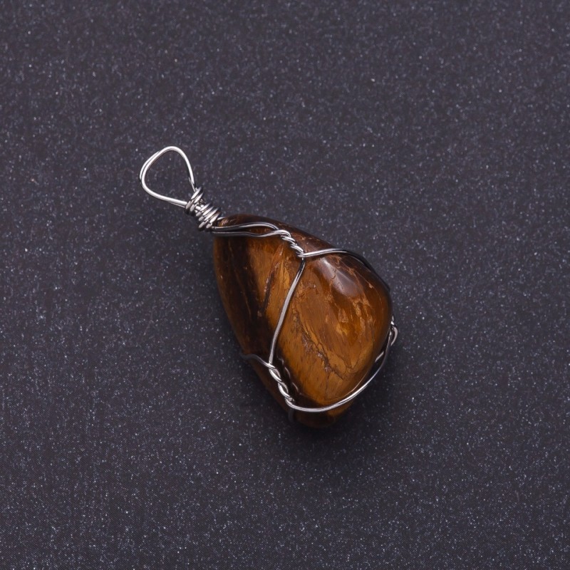 Tiger's Eye Natural Stone Pendant in Silver-Tone Wire Wrap, 2.5x2.2cm (+-)
