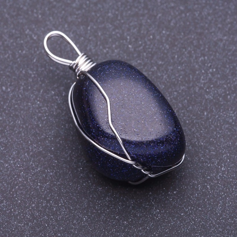 Natural Aventurine Stone Pendant "Blue Sand Night of Cairo" in Wire Wrap, 3x2cm (+/-), Assorted Sizes