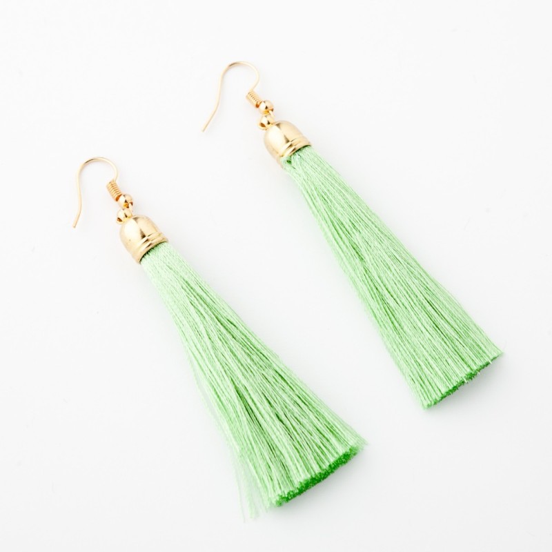 Tassel Earrings Light Green, Length 8 cm, Gold Metal Color