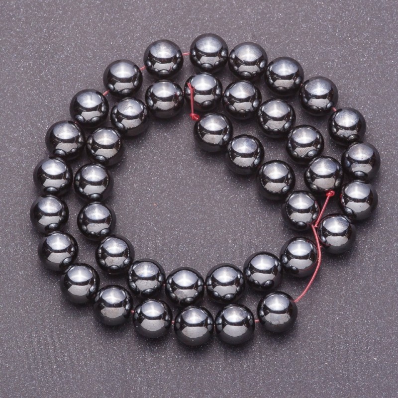 Natural Hematite Stone Beads on Fishing Line, Smooth Round Bead, 10mm Diameter, 38cm Length