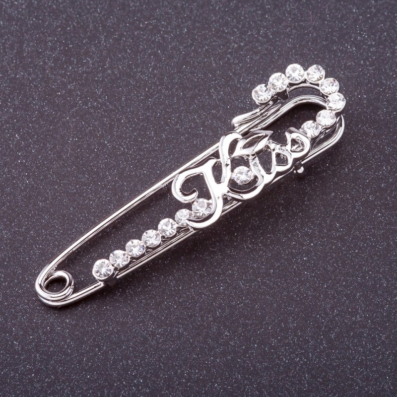 Sale! "Kiss" Stick Brooch, White Rhinestones, "Silver" Color, 5.5x1.5 cm