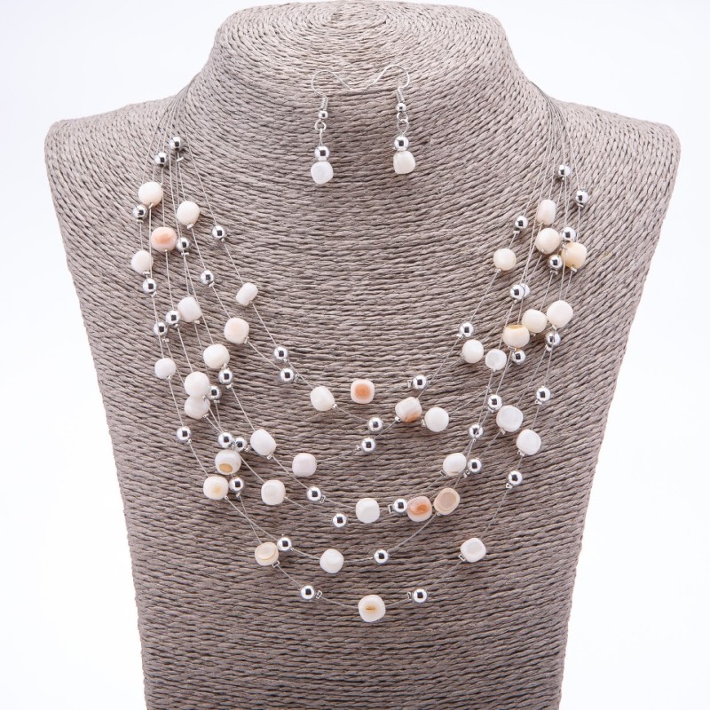 Earring and Necklace Set “On the Strings of the Soul” White Mother-of-Pearl Beads, Diameter 7mm 5mm, Length 46-50cm