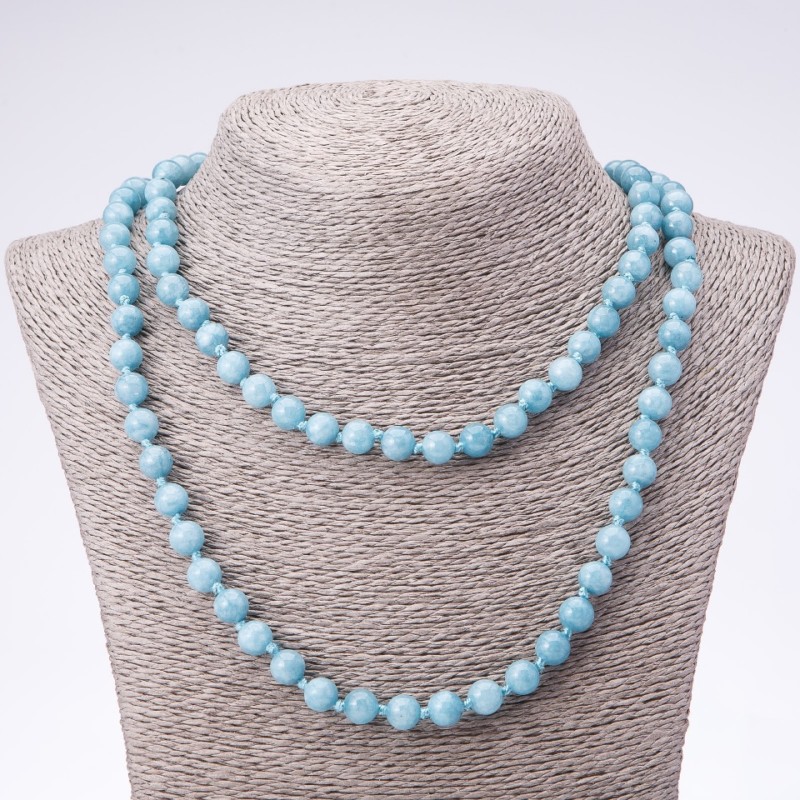 Long Aquamarine Stone Necklace, Smooth Round Beads, 8mm Diameter, 110cm Length