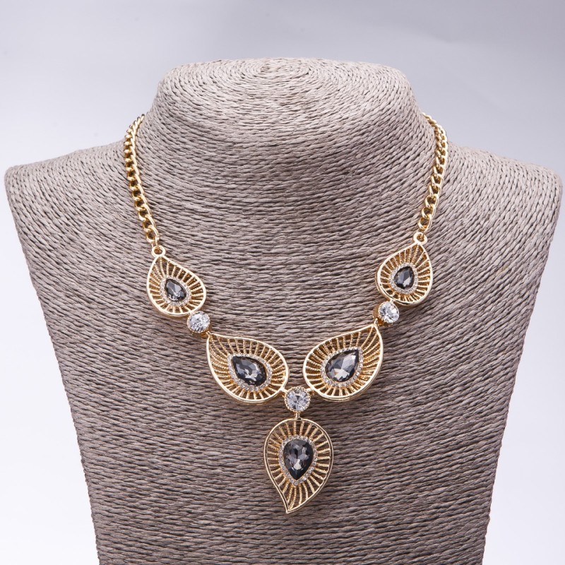 Evening Necklace with Gray Crystals "Precious Leaves", 42-50cm length
