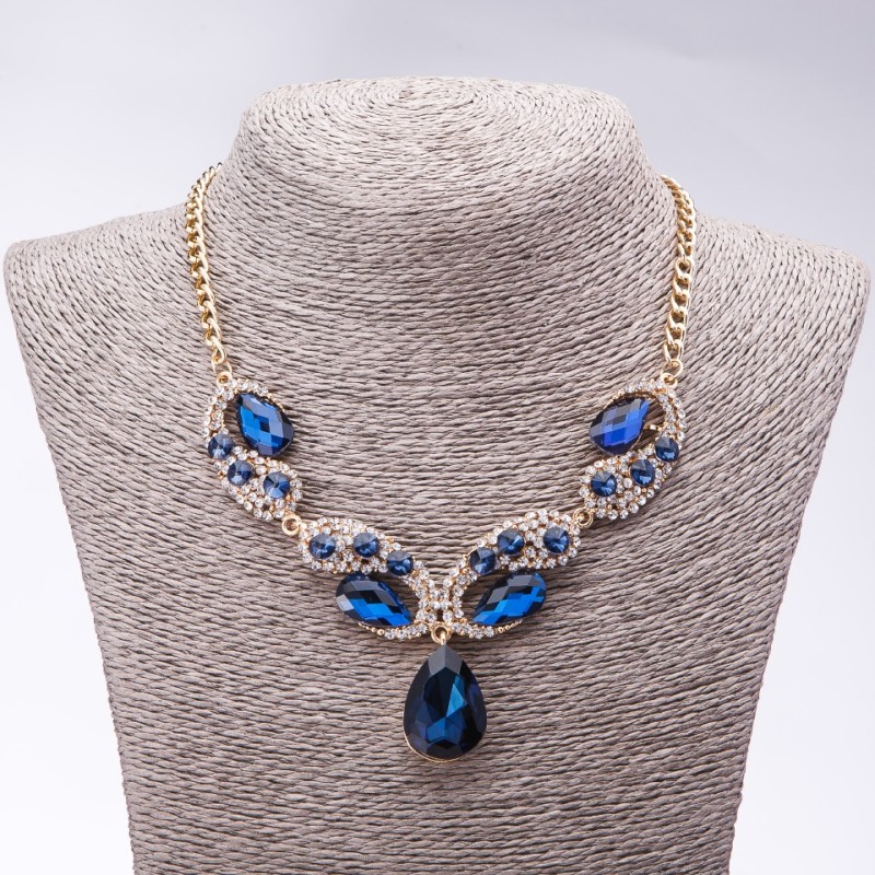Evening Necklace with Blue Crystals "Precious Drops", 42-49cm length