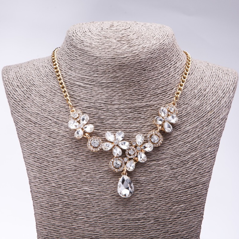 Evening Necklace with White Crystals "Precious Flowers", 42-49cm length