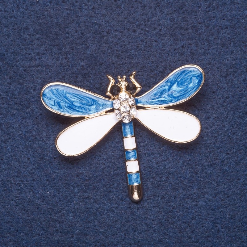 "Dragonfly" Brooch, White and Light-Blue Enamel, Gold-Tone Metal, 4.5x3.5 cm