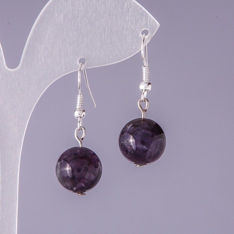 Natural Amethyst Stone Earrings, Smooth Bead, 12mm Diameter, 3cm Length