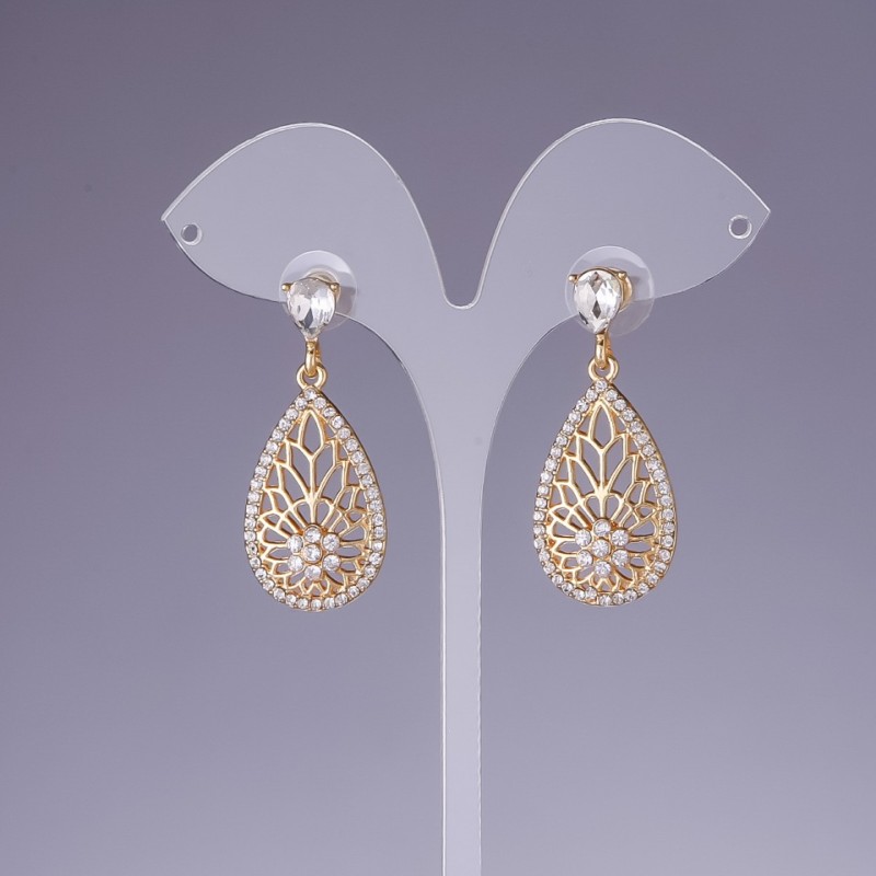 White Crystal Earrings, 4cm Length, Yellow Metal