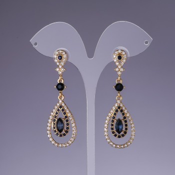 Blue Crystal Earrings, 5cm Length, Yellow Metal