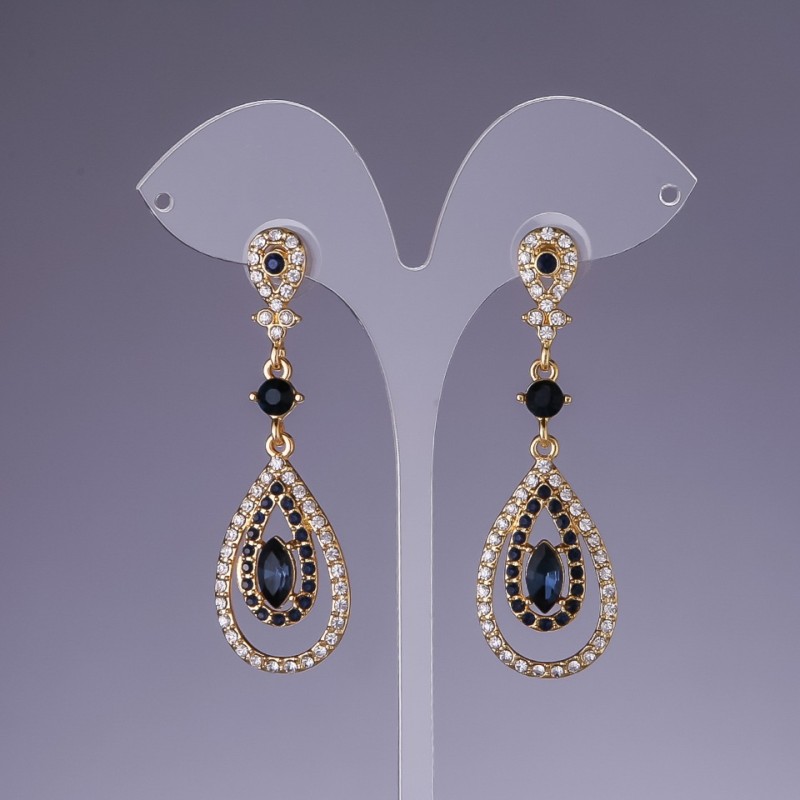 Blue Crystal Earrings, 5cm Length, Yellow Metal
