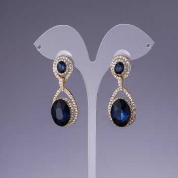 Blue Crystal Earrings, 4.5cm Length, Yellow Metal