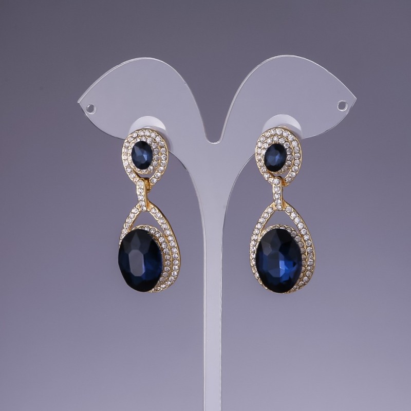 Blue Crystal Earrings, 4.5cm Length, Yellow Metal