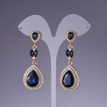 Blue Crystal Earrings, 6cm length, yellow metal